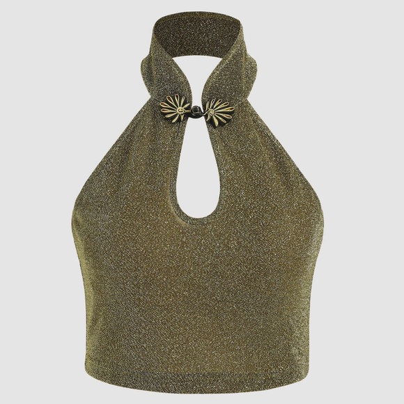 New Cider Solid Glitter Gold Halter Choker Style Cropped Tank Top - Picture 5 of 9